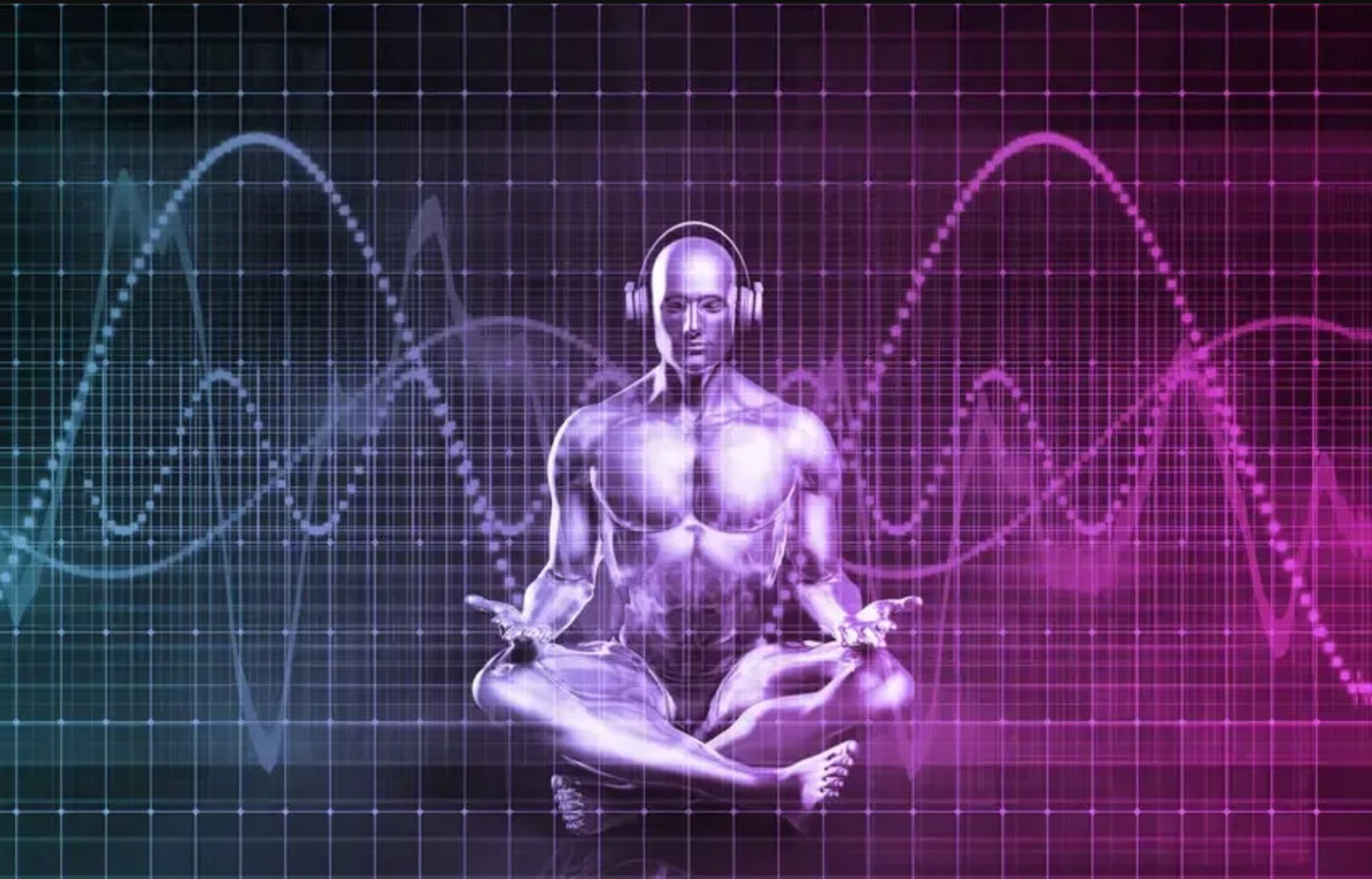 A figure seated in lotus position wearing headphones, brainwave traces sweeping across the background.