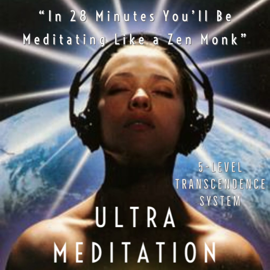 Ultra Meditation cover art: a woman wearing headphones in deep meditation, the Earth glowing behind her.